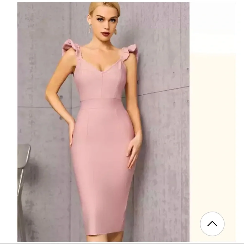 Pink Bodycon Bandage Dress For Summer Sexy Ruffles Sleeveless Midi v neck Size M
